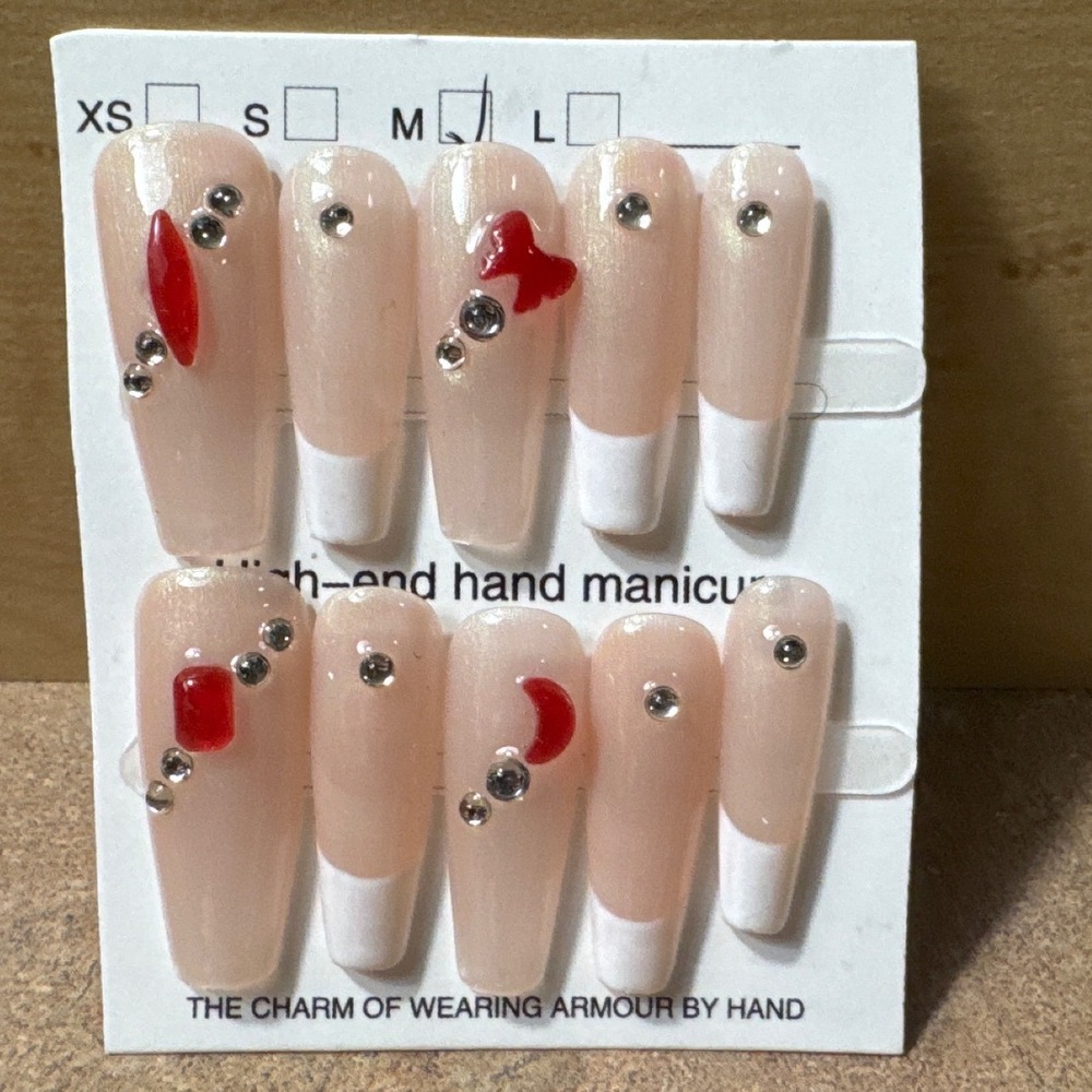 Press On Nails Long Coffin French Tip Red 3D Charms Rhinestones Size‎ M